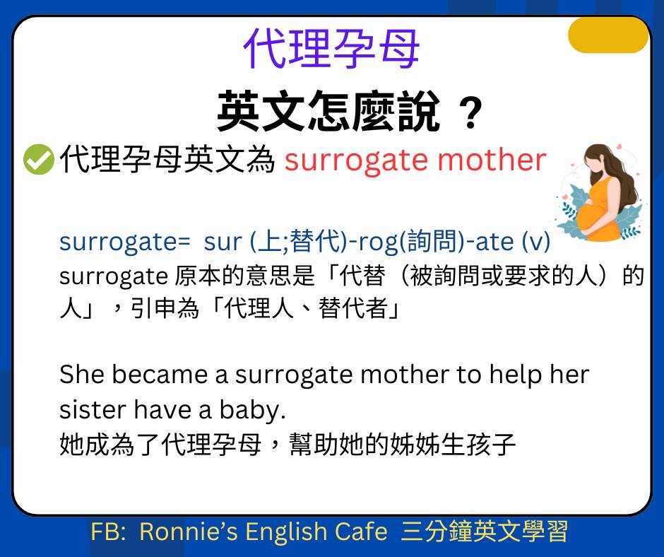 [ 時事單字 ] 代理孕母 英文怎麼說? .... - Ronnie's English Cafe 3分鐘英文學習 | Facebook