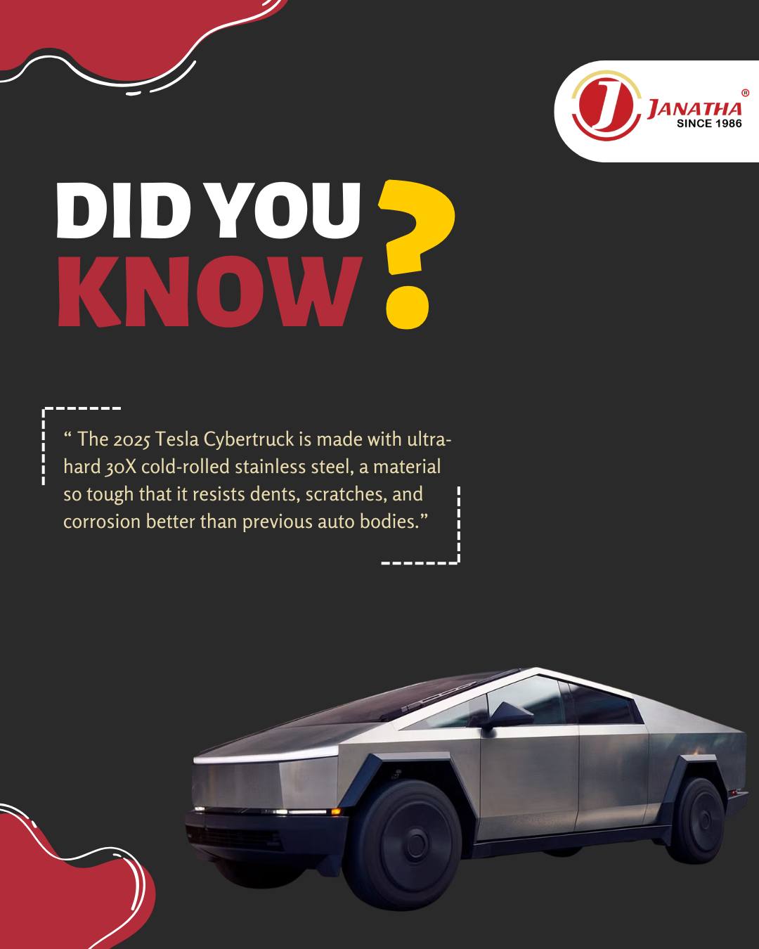 Janatha - Did You Know? The 2025 Tesla Cybertruck uses ultra-hard 30X ...