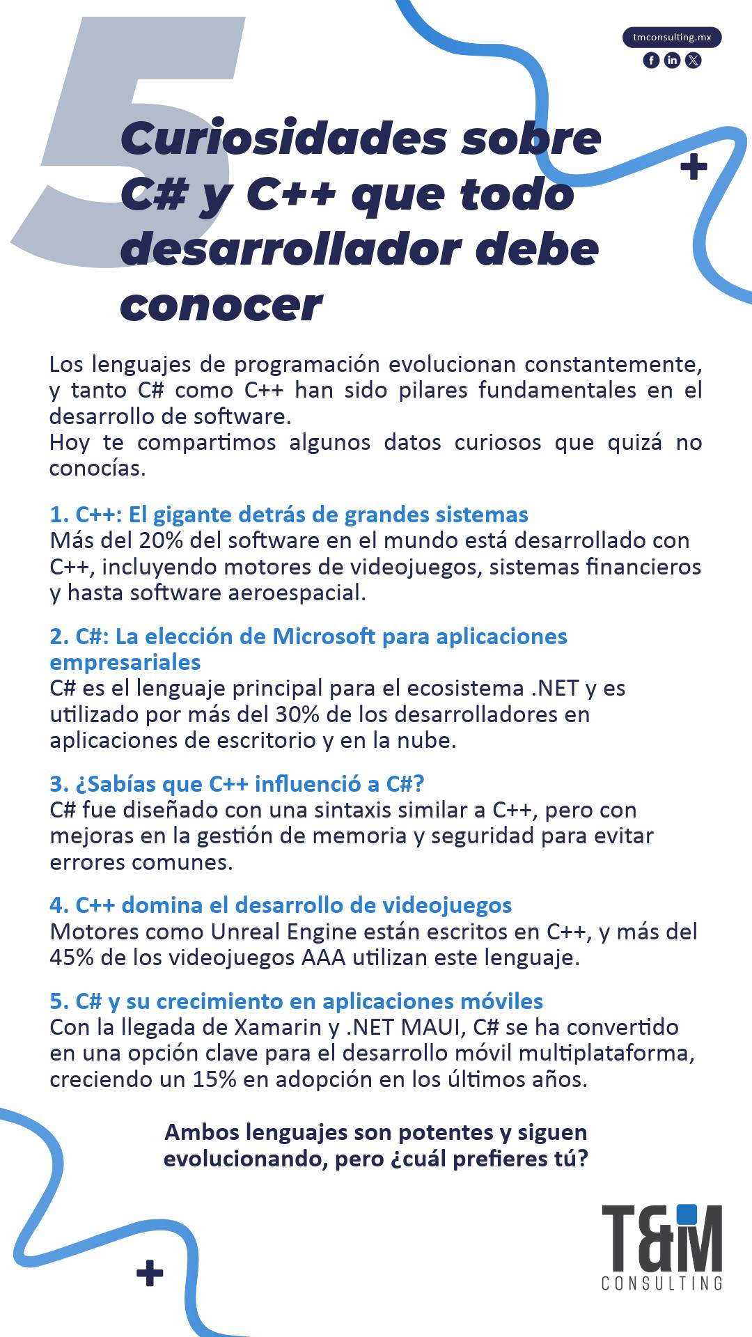 T&M - 🇲🇽 💡 C# vs. C++: 5 curiosidades que debes conocer 🚀 🔹 C++ impulsa ...