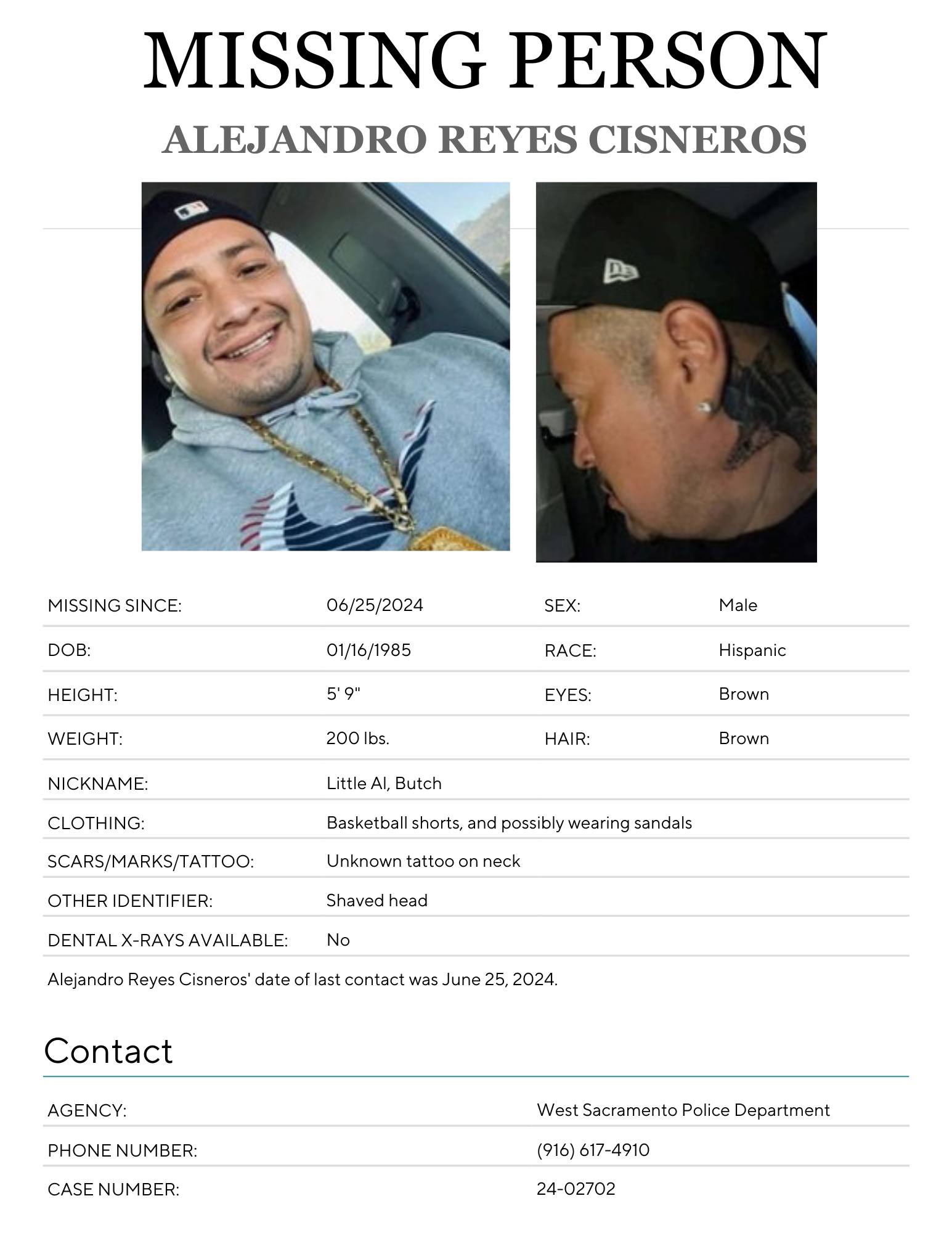 Nor-Cal - Missing Person Alert Name: Alejandro Reyes Cisneros Nicknames ...