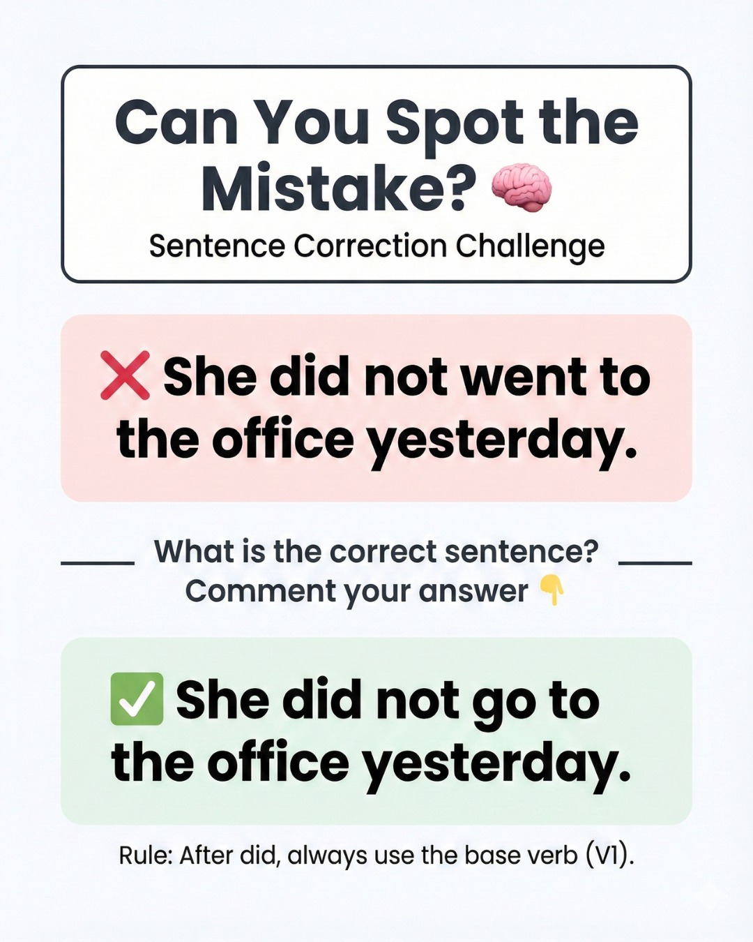 English - Can You Spot the Mistake? 🧠 She did not went to the office ...