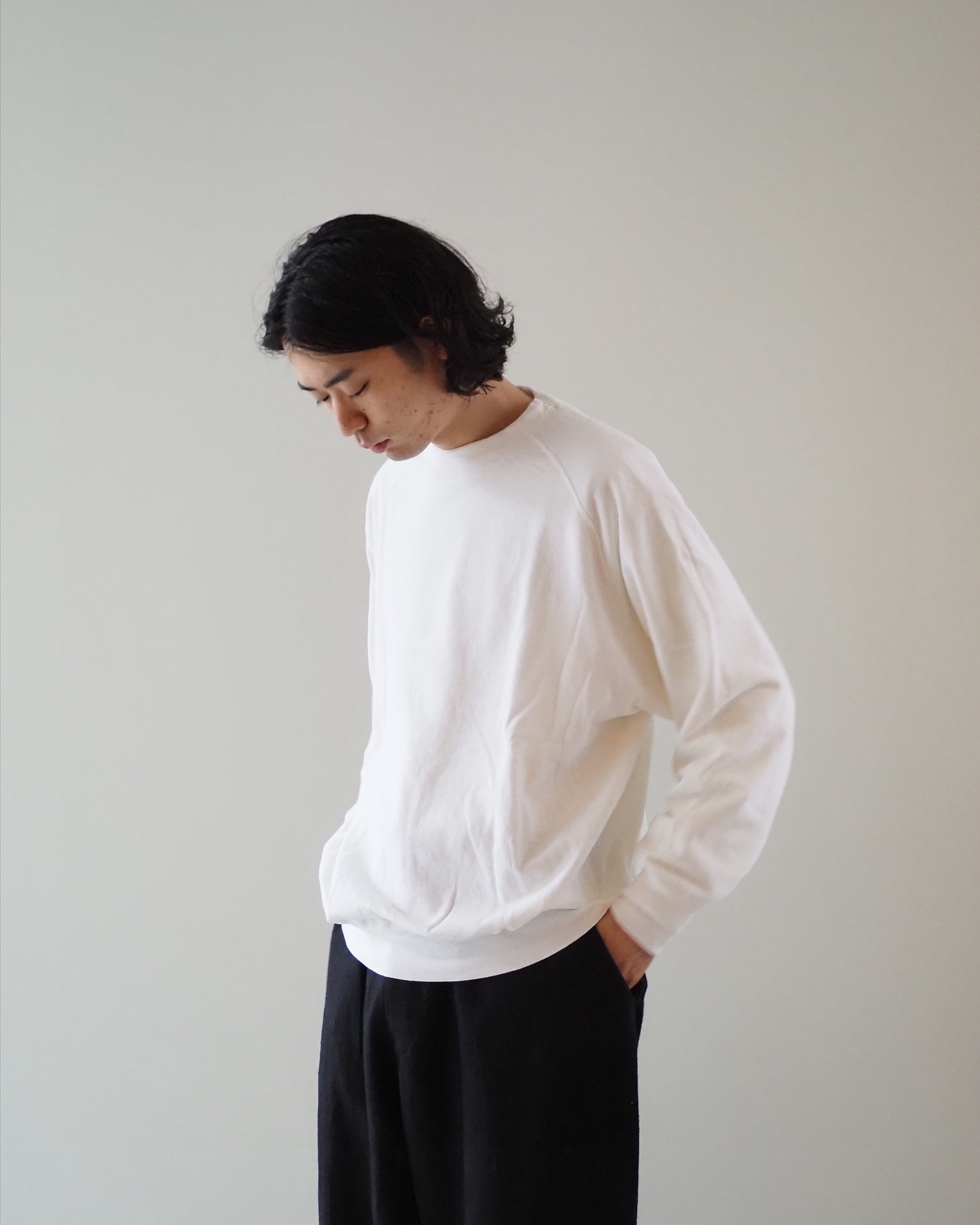 COMOLI B01-05013 LW コットン裏毛 クルーネック color:BLACK size:2,3 