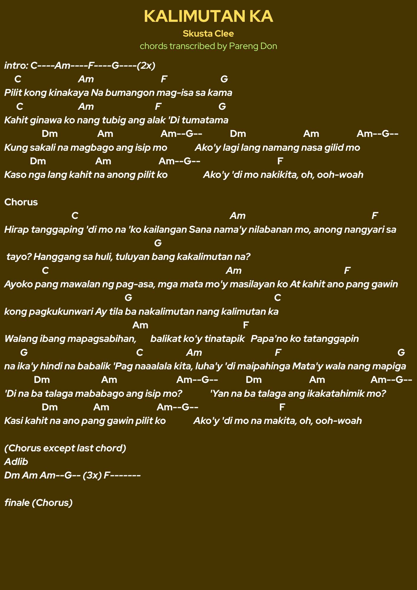 Pareng - Kalimutan Ka - Skusta Clee PD Song Hits chords + lyrics share