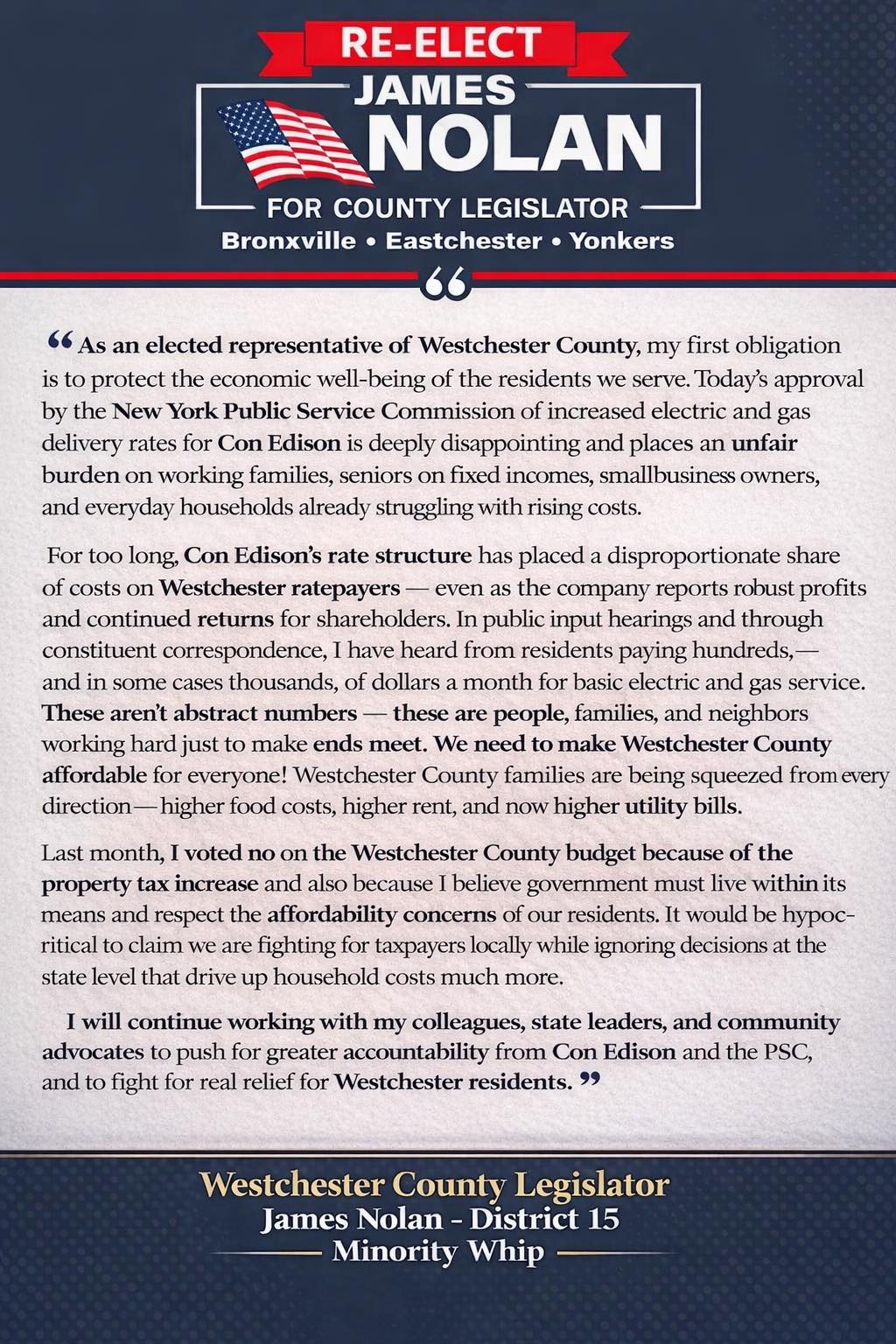 Re-Elect - Statement from Westchester County Legislator James Nolan ...