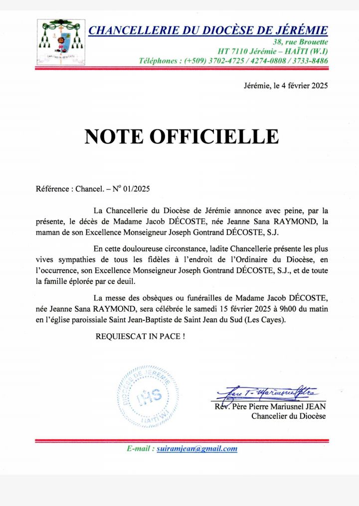 Note Officielle du Chancelier du... - Rta Diocèse Jérémie