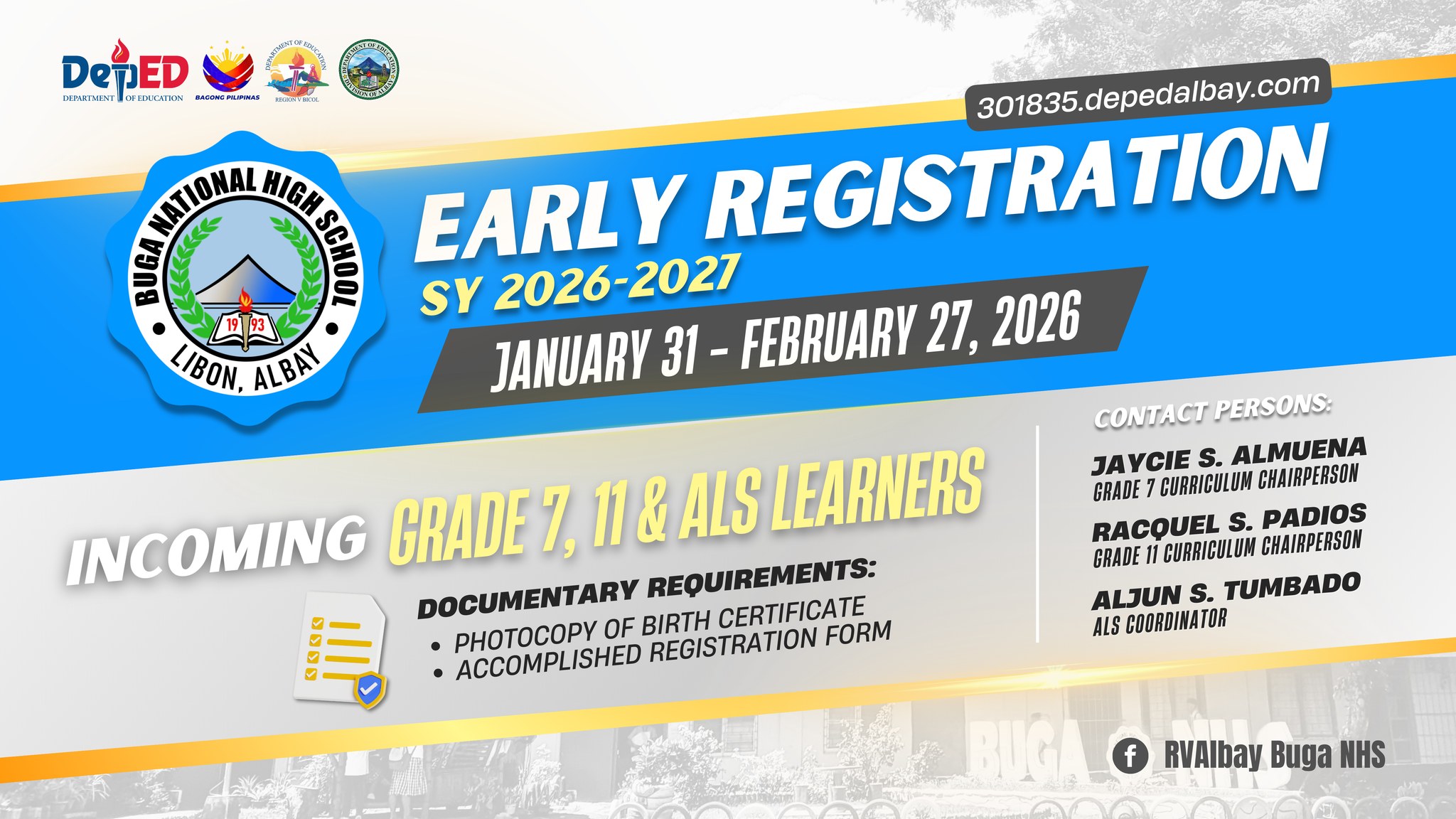 RVAlbay - 📣 EARLY REGISTRATION at Buga National High School for School ...