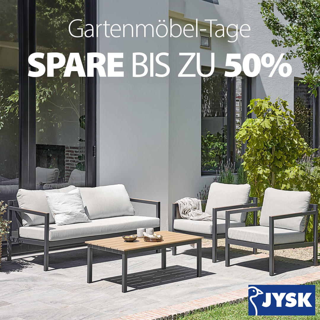 JYSK: Das Sommer kommt und es ist höchste Zeit, deinen Außenbereich zu gestalten! 🌿☀️ Profitiere von den Gartenmöbel-Tagen bei JYSK und spare bis zu 50% auf viele Gartenmöbel! 🏡 JYSK feiert Gartenmöbe