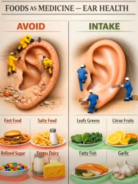 Foods as Medicine – Boost Your Ear Health Naturally 👂🥗 Protect your ears with the right nutrition! Avoid fast food, salty snacks, and excess sugar — choose leafy greens, citrus fruits, fatty