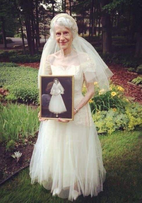 old lady in wedding dress Grandma fits into 63-year-old 50 year old bride