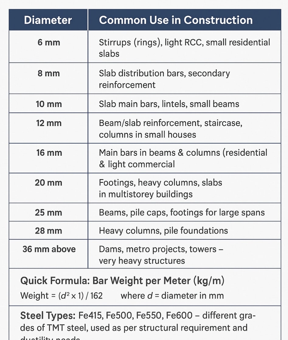 नवगृह डेवलपर - Steel bar diameters and usage.. .. #TMTBars... | Facebook