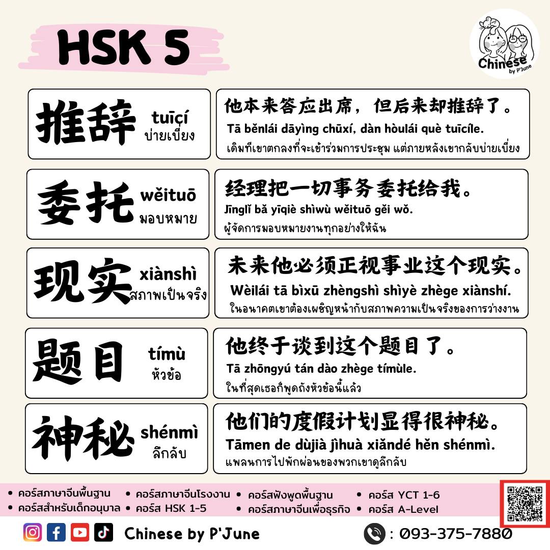 Chinese - 🥰HSK 5🥰 . 🌈推辞 tuīcí บ่ายเบี่ยง🌟 ตัวอย่างประโยค 他本来答应出席 ...