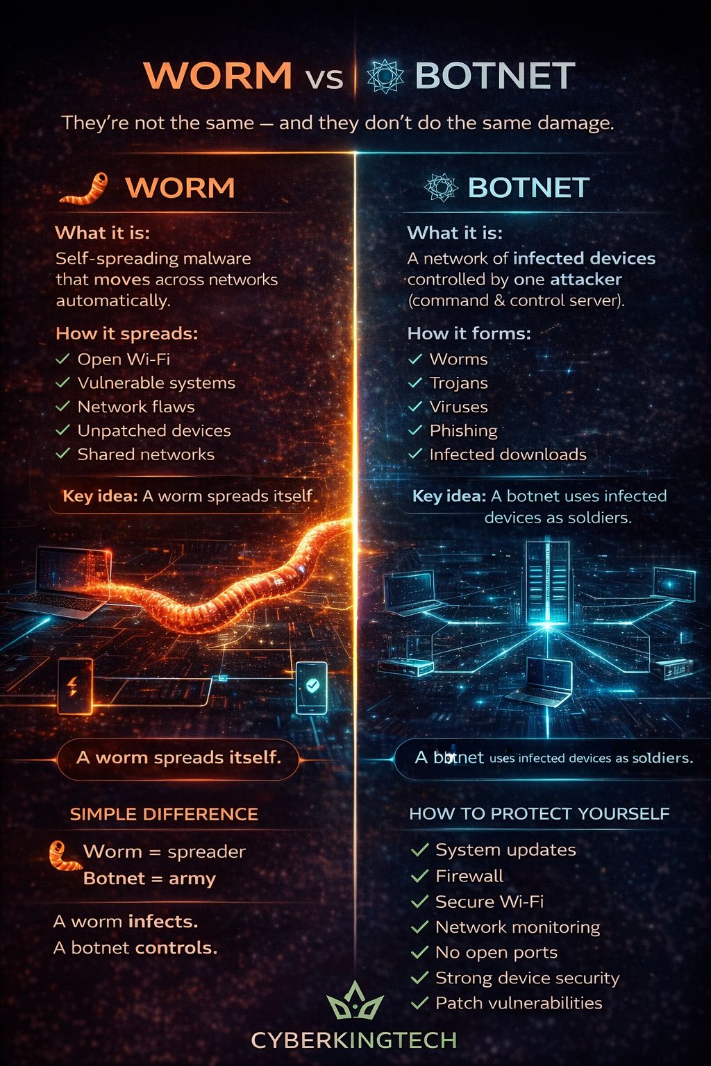 Cyberkingtech - 🐛 WORM vs 🕸️ BOTNET They’re not the same — and they don ...
