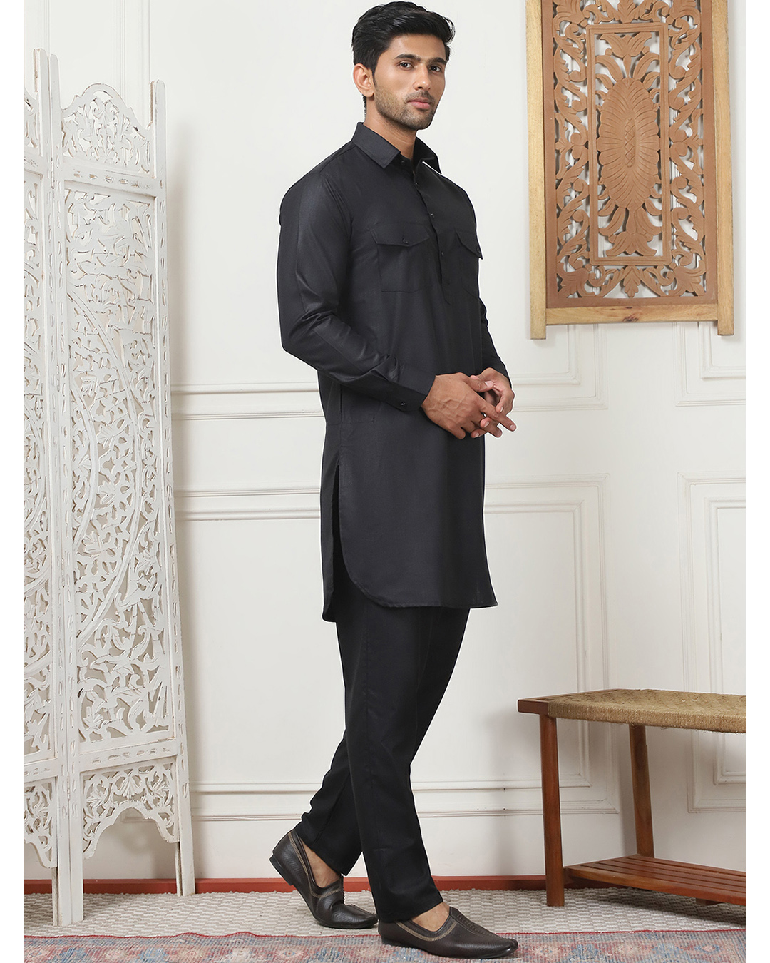 punjabi formal dress man Classic black kurta pajama set for men Excluded-FS