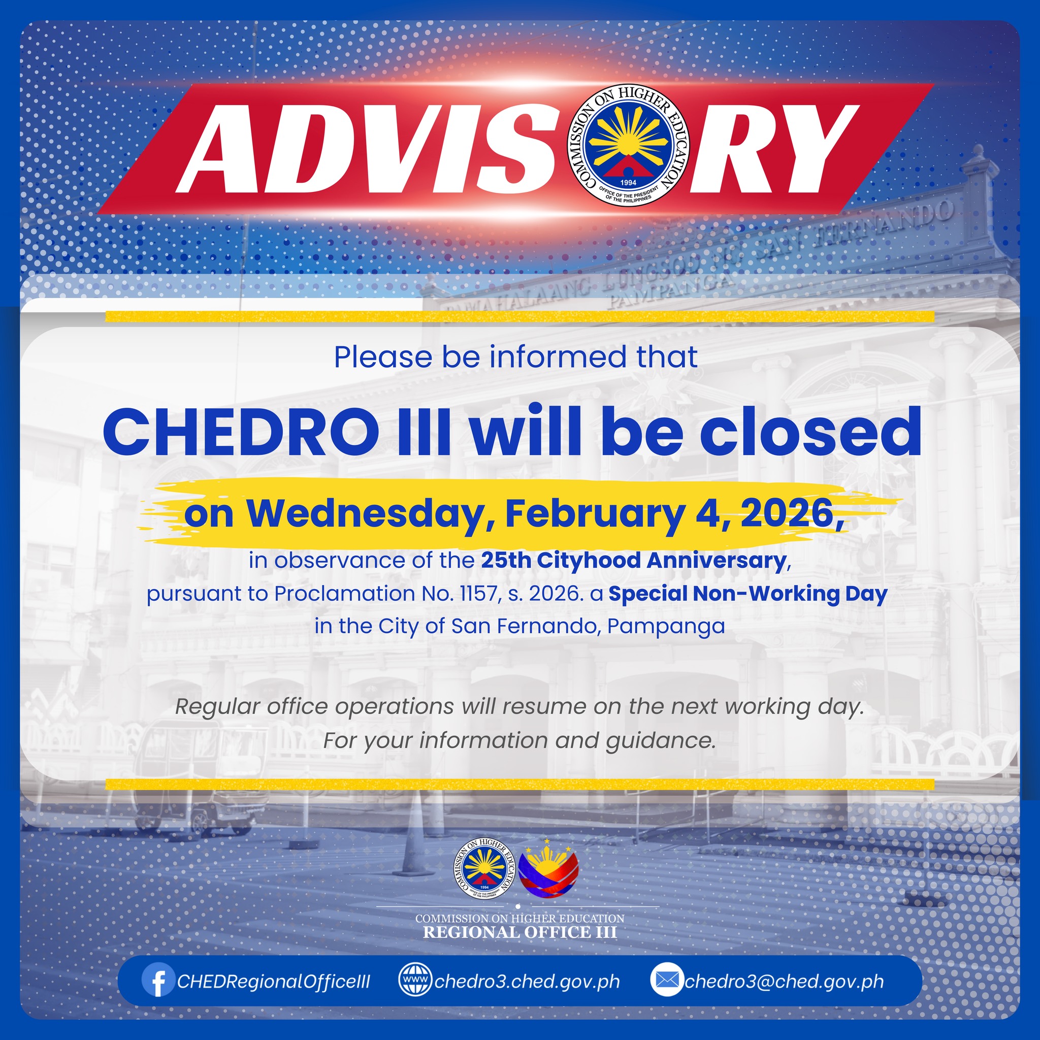 CHED - 𝗔𝗗𝗩𝗜𝗦𝗢𝗥𝗬| Please be informed that CHEDRO III will be closed on ...
