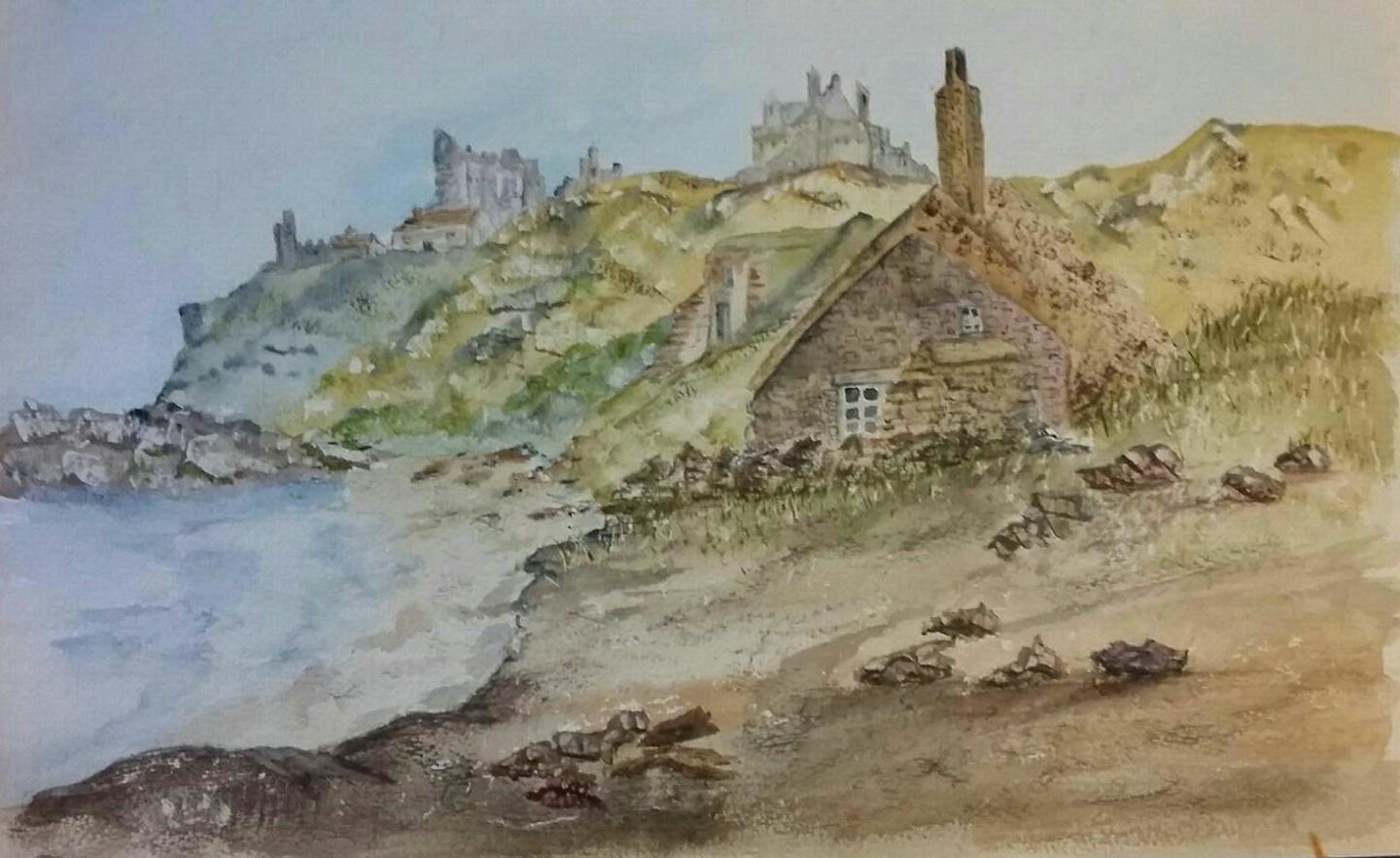 A dramatic painting of Pen Bal Crag (Tynemouth Headland) by local 