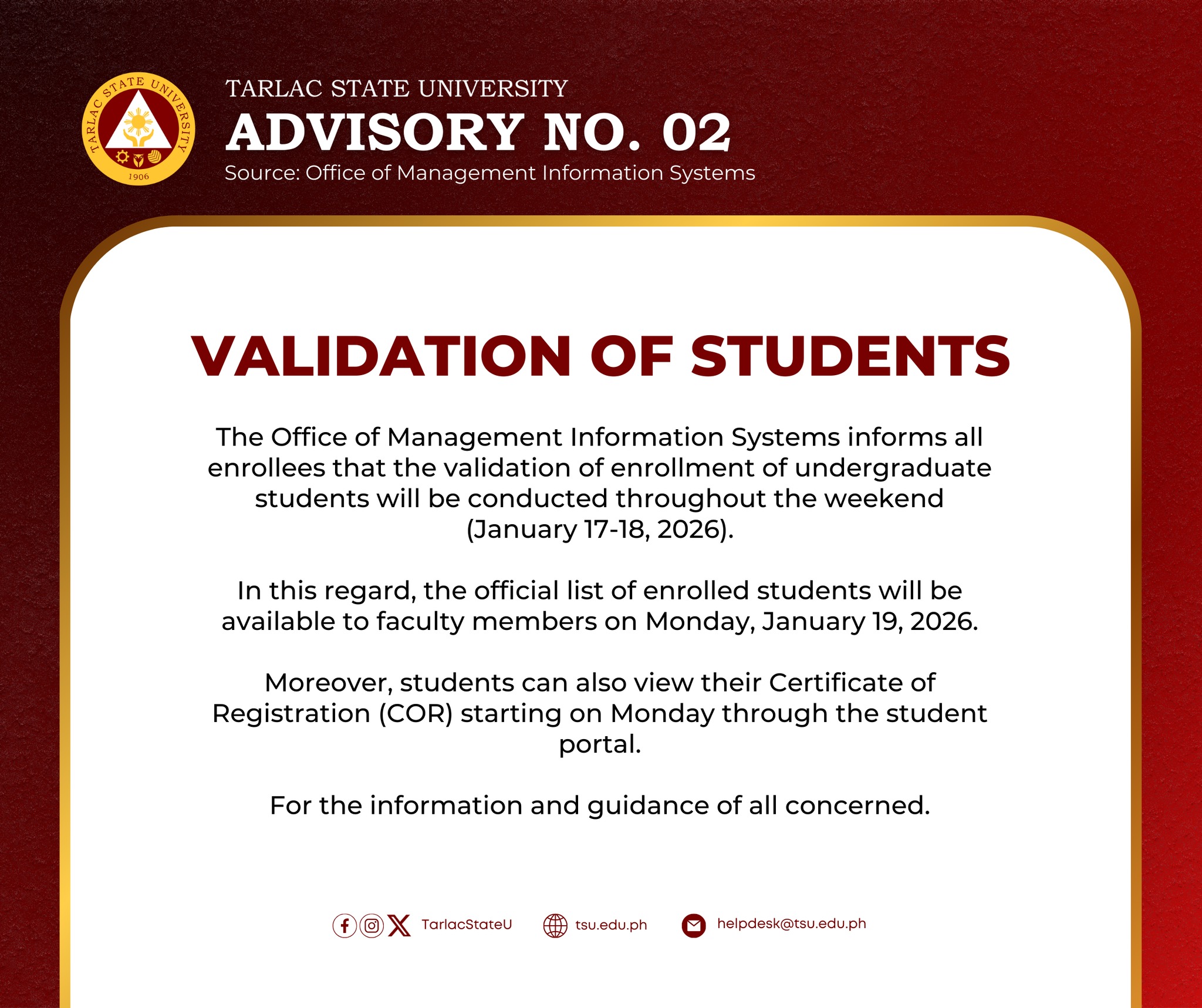 Tarlac - ADVISORY NO. 02 VALIDATION OF STUDENTS The Office of ...