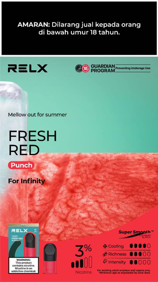 relx infinity pod fresh red 🆕 Flavour List ♾ Single ✔️Rich Tobacco ✔️Menthol Plus ✔️Fresh (Watermelon) ✔️Ludou Ice (MungBean) ✔️Garden's Heart ✔️Tangy Purple (Grape) ✔️Dark Sparkle (Coke) Choose Flavor:Taurus Blueberry Watermelon Bottle Size_10ml Foger Bit 35K Vape