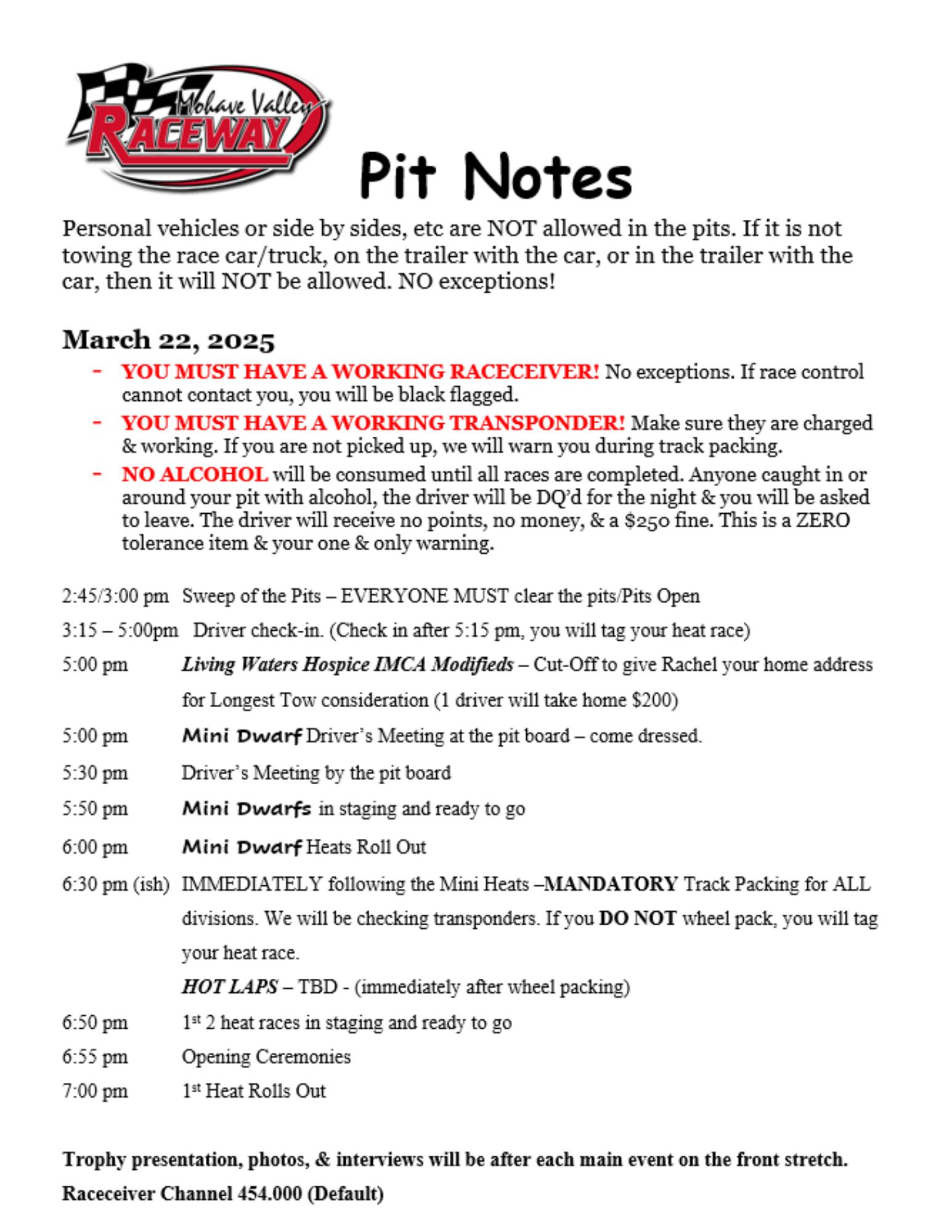 Mohave - Here are the Pit Notes for tonight...... Dwarf Drivers - you ...