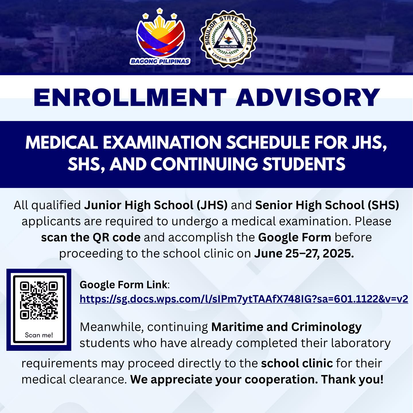 𝐄𝐍𝐑𝐎𝐋𝐋𝐌𝐄𝐍𝐓 𝐀𝐃𝐕𝐈𝐒𝐎𝐑𝐘: Medical... - Siquijor State College | Facebook
