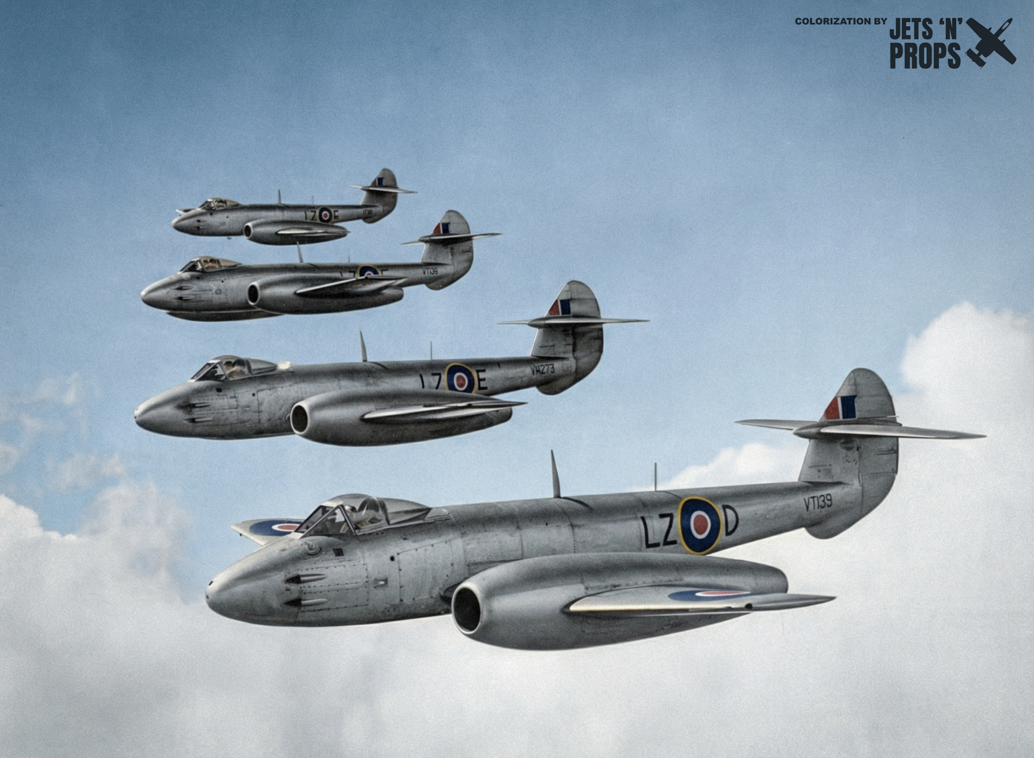 Jets - Gloster Meteors of No. 66 Squadron in flight in July 1949. The ...