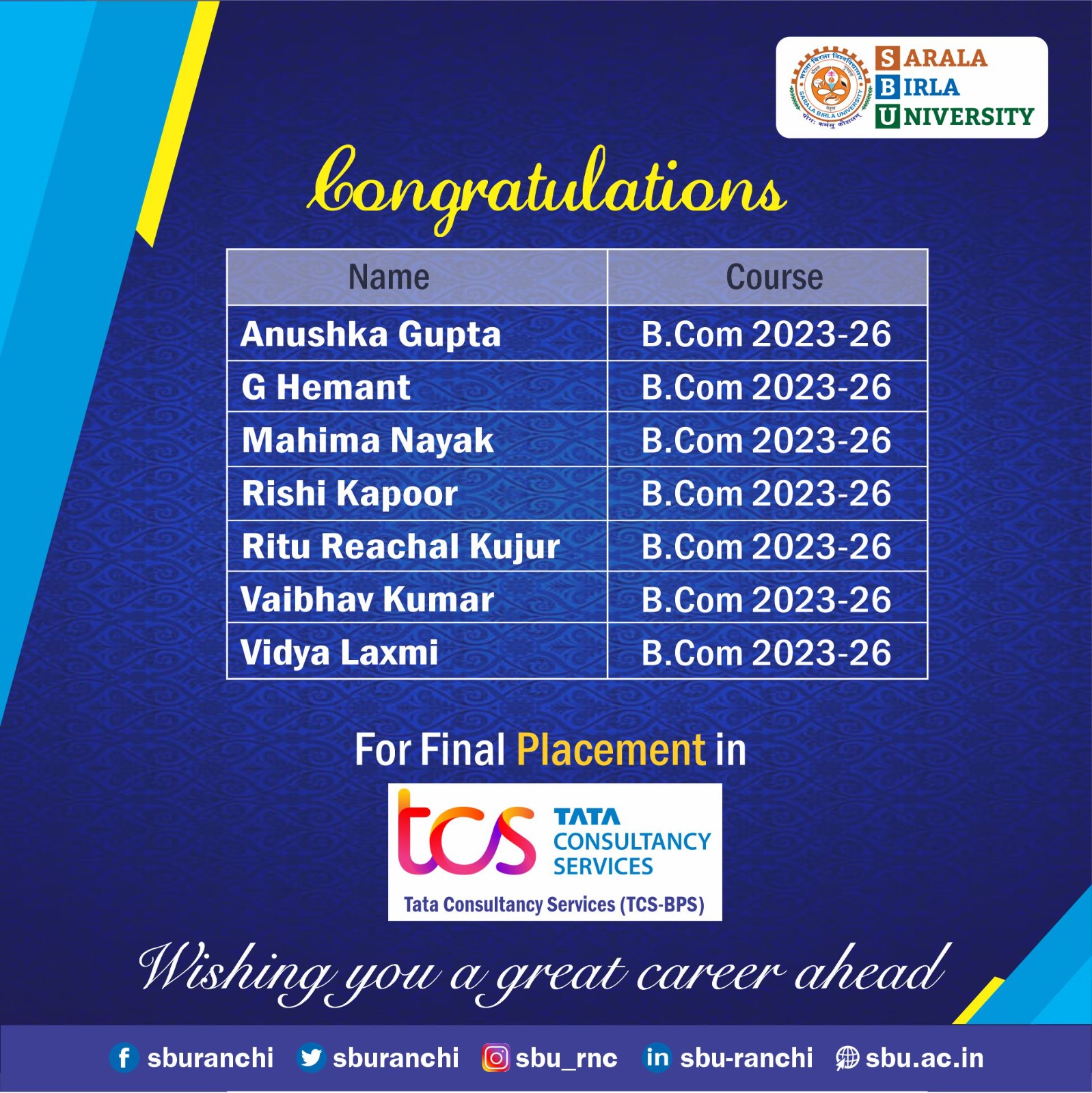 Heartiest Congratulations to our... - Sarala Birla University | Facebook