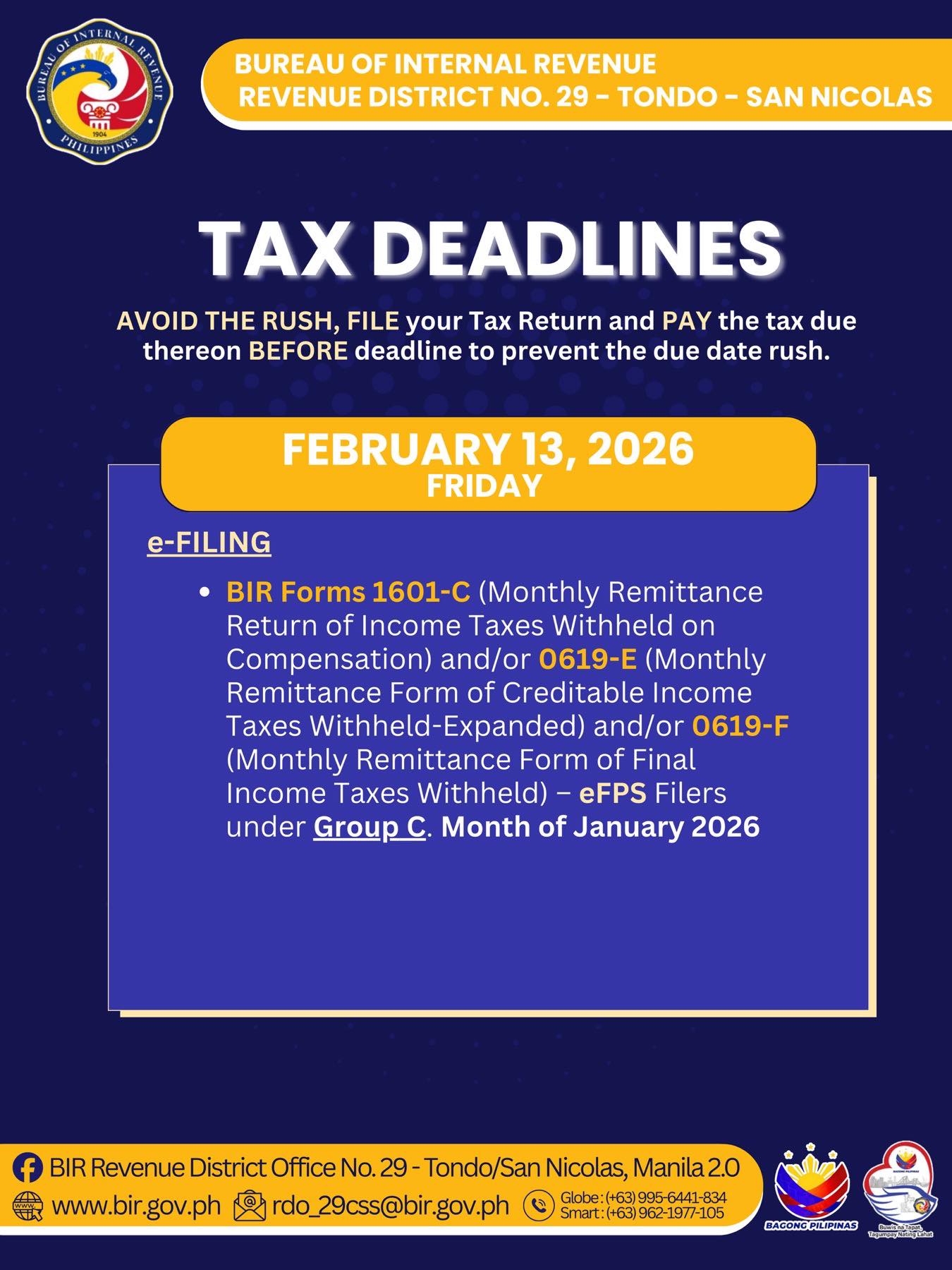 BIR RDO 29 Tax Reminder ️ FEBRUARY 13, 2026 https://www.bir.gov.ph/tax ...