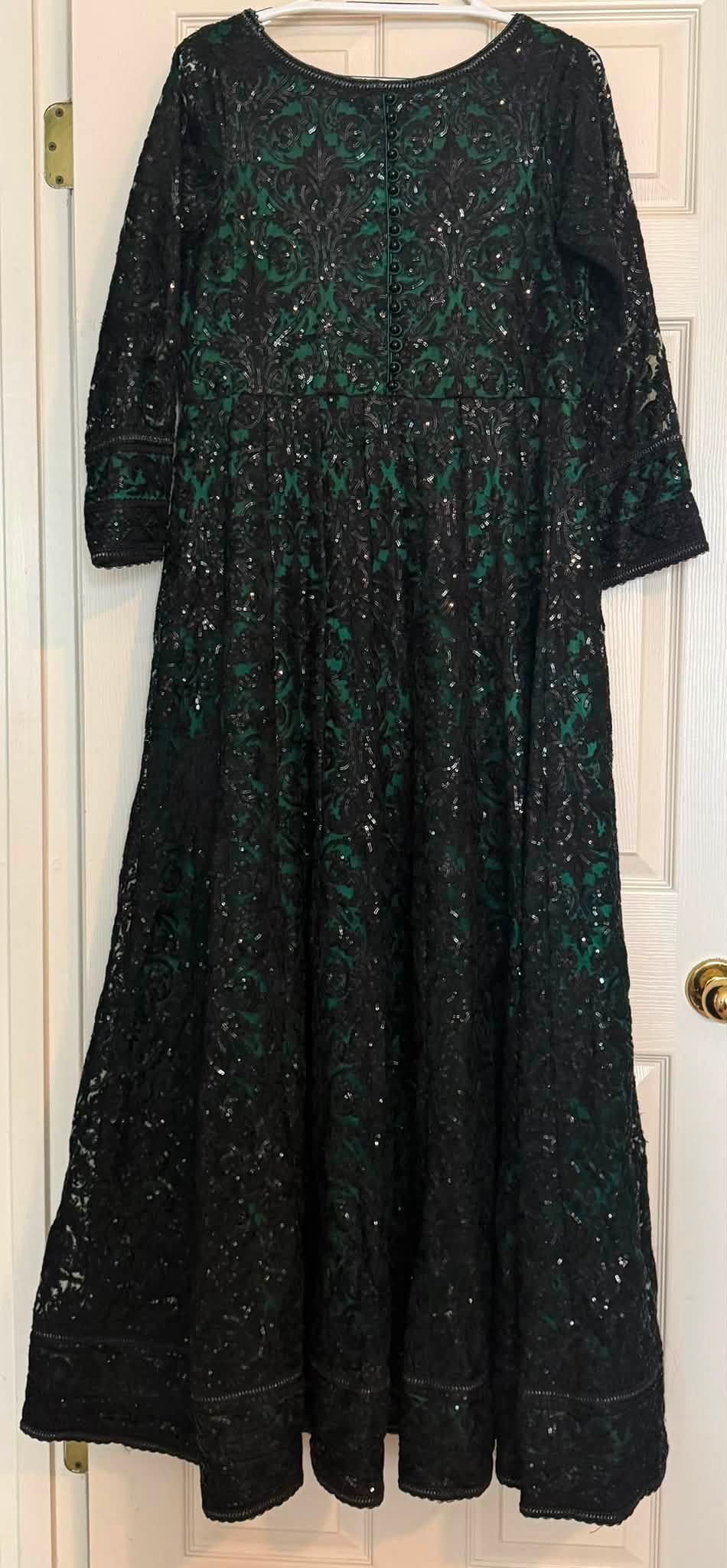 dark green pakistani party dresses Formal Maxi / Anarkali Dress – Black & Emerald Web Collection: Ruffles & Pleats