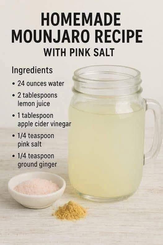 4-Ingredient Natural Mounjaro Recipe ingredients : 1 tbsp raw apple cider vinegar Juice of ½ fresh lemon . ½ tsp grated fresh ginger 1 cup warm water 1 tsp raw honey (optional)