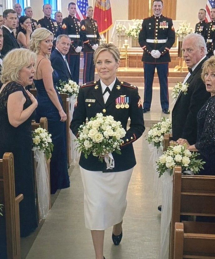 General Rebecca Hayes wears military dress blues on her wedding day