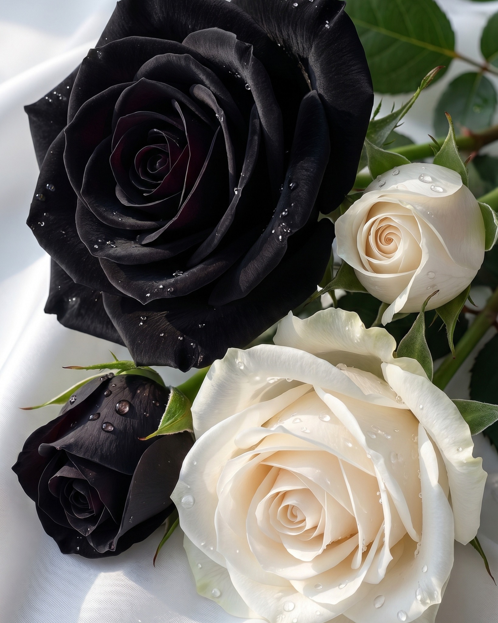 Black velvet and pearl white roses in perfect balance