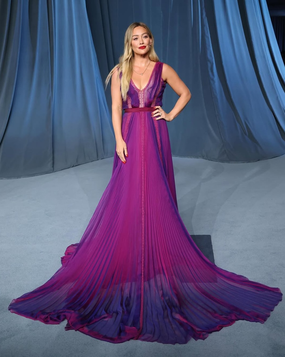 hilary duff dress attends the 5th Annual Academy Museum Gala wearing a pleated silk chiffon draped gown from the Alberta Ferretti archives dawn pink Gala Private Golf Club Dress Color:Jazzy