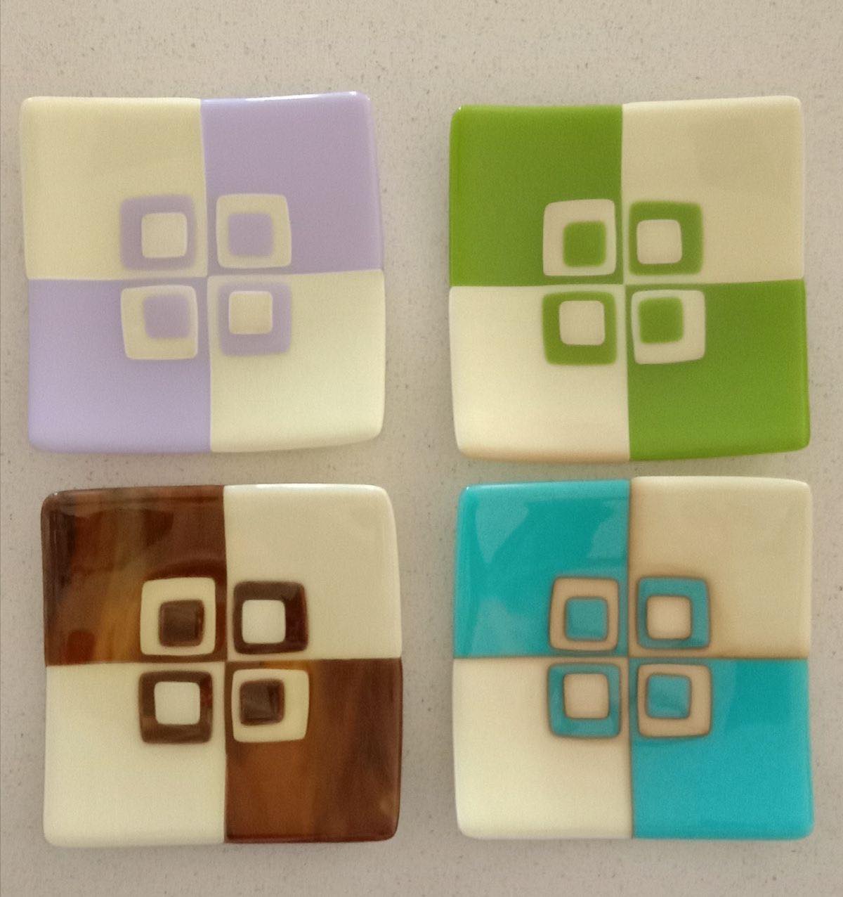 Fused glass plates - playing with squares Made by Marianne Bradman