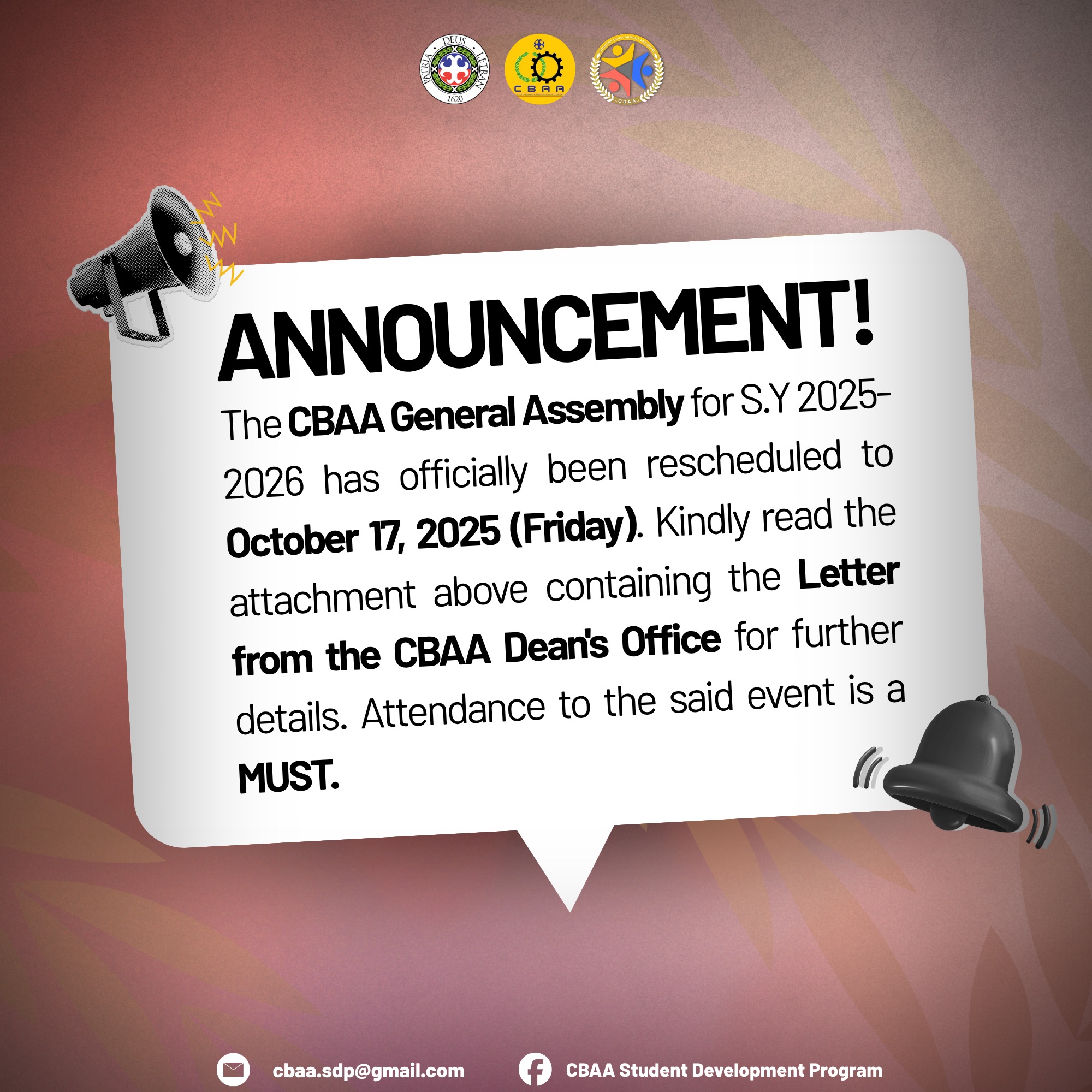 CBAA - 🚨ANNOUNCEMENT🚨 The CBAA General Assembly for S.Y 2025-2026 has ...