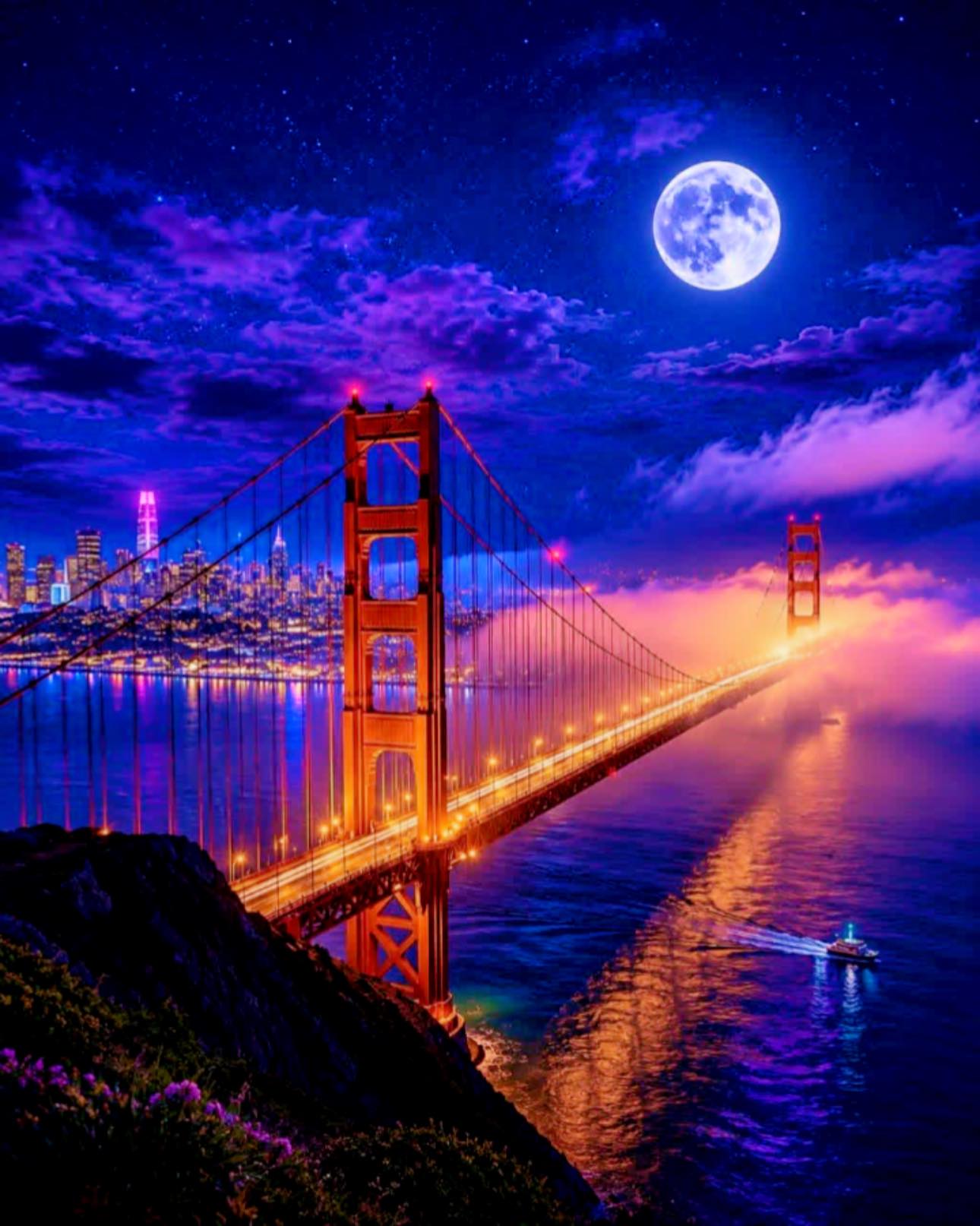San Francisco Bay Bridge at sunset with full moon