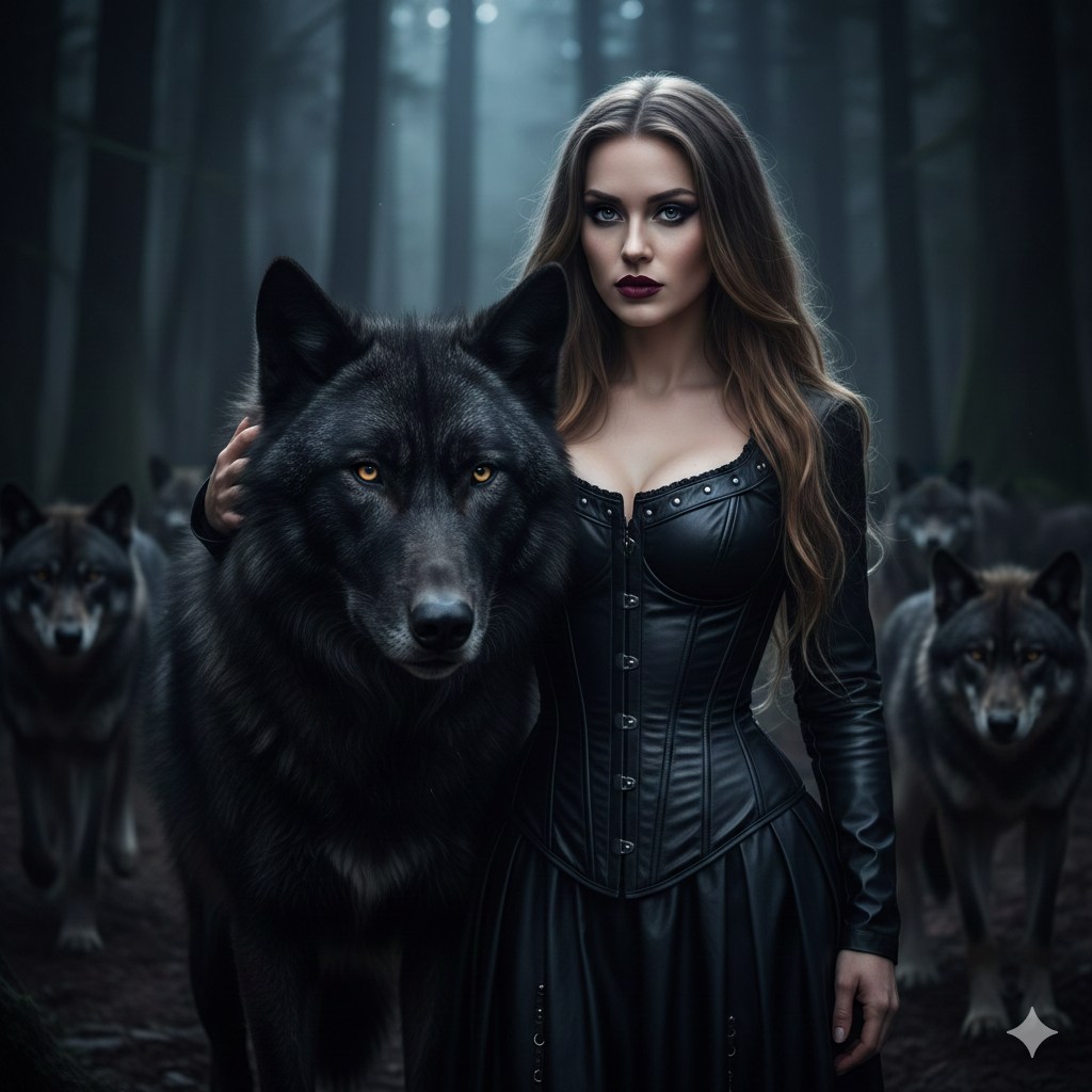 well dressed wolf lady in black Woman leather corset dress with timber in moonlit forest sizechart-maxi-dress-with-sleeve-sleeve-length