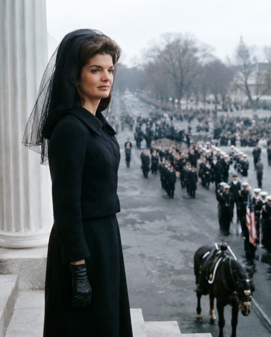 Jacqueline Kennedy's attire at the 1963 funeral of John F. Kennedy in Washington, D.C. was the quintessence of elegant widowhood. After her pink Chanel suit from Dallas, the black Givenchy ensemble that