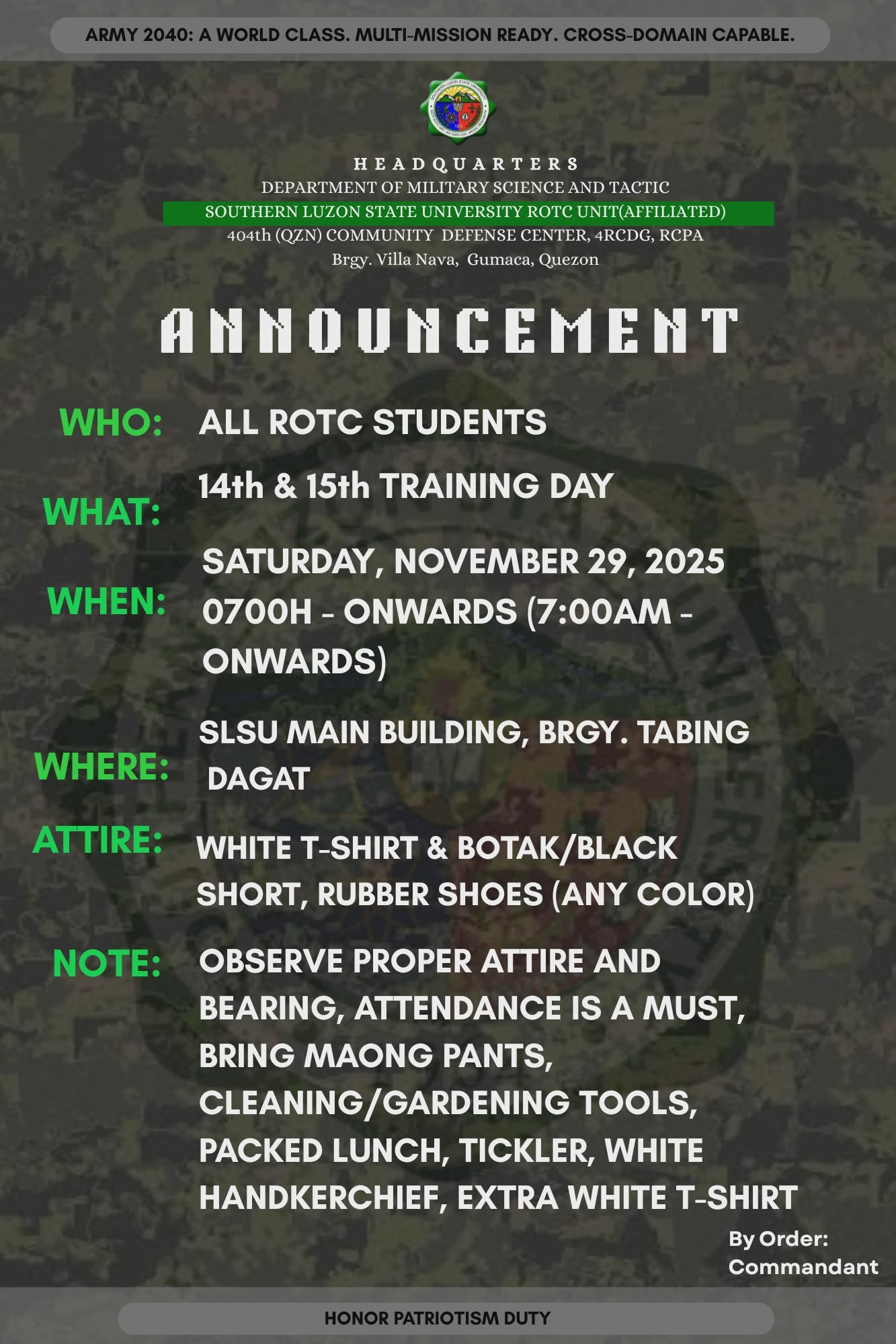𝐀 𝐓 𝐓 𝐄 𝐍 𝐓 𝐈 𝐎 𝐍 ! ! 𝗪𝗛𝗔𝗧:... - SLSU - Gumaca ROTC Unit | Facebook