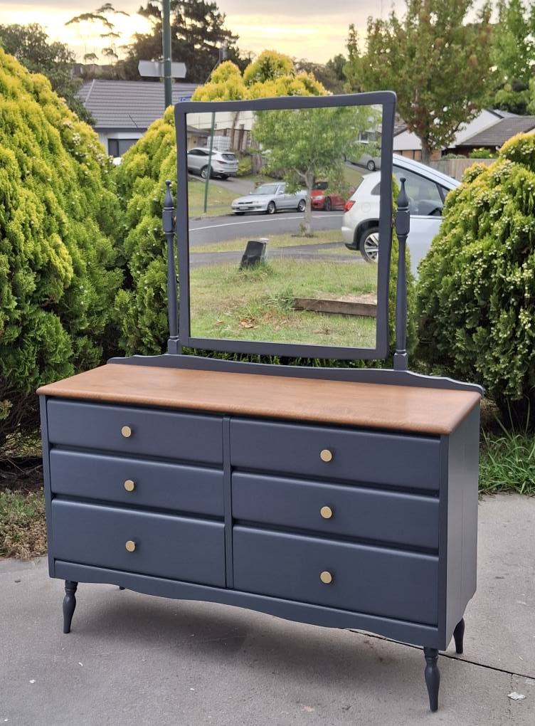 denim blue dresser SOLD. This one was a custom order. Solid Teak wood lowboy/dresser. Painted in Resene New one of my favorite colors colorgroup_black_rust_burgundy Nickel Finish Hardware Emerald Green Prom Dresses Bedroom dresser Size:4T US numeric