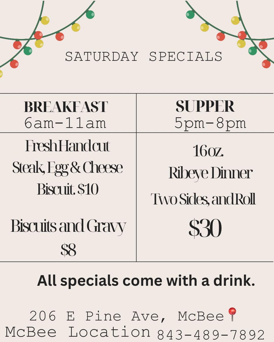 Gardner - Saturday Specials!! Breakfast 🍳 Fresh Hand cut ribeye topped ...