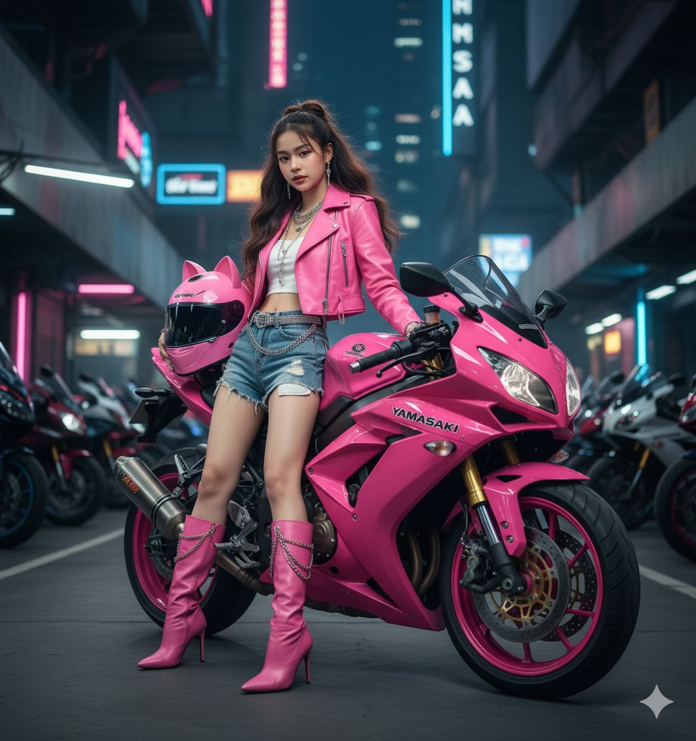 Stylish lady riding pink Kawasaki Ninja motorcycle