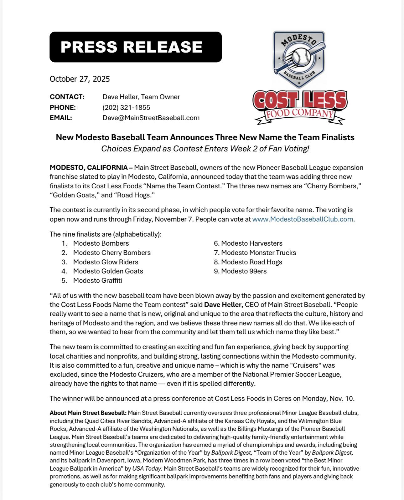 Modesto - We added a few more names, go vote at ModestoBaseballClub.com ...