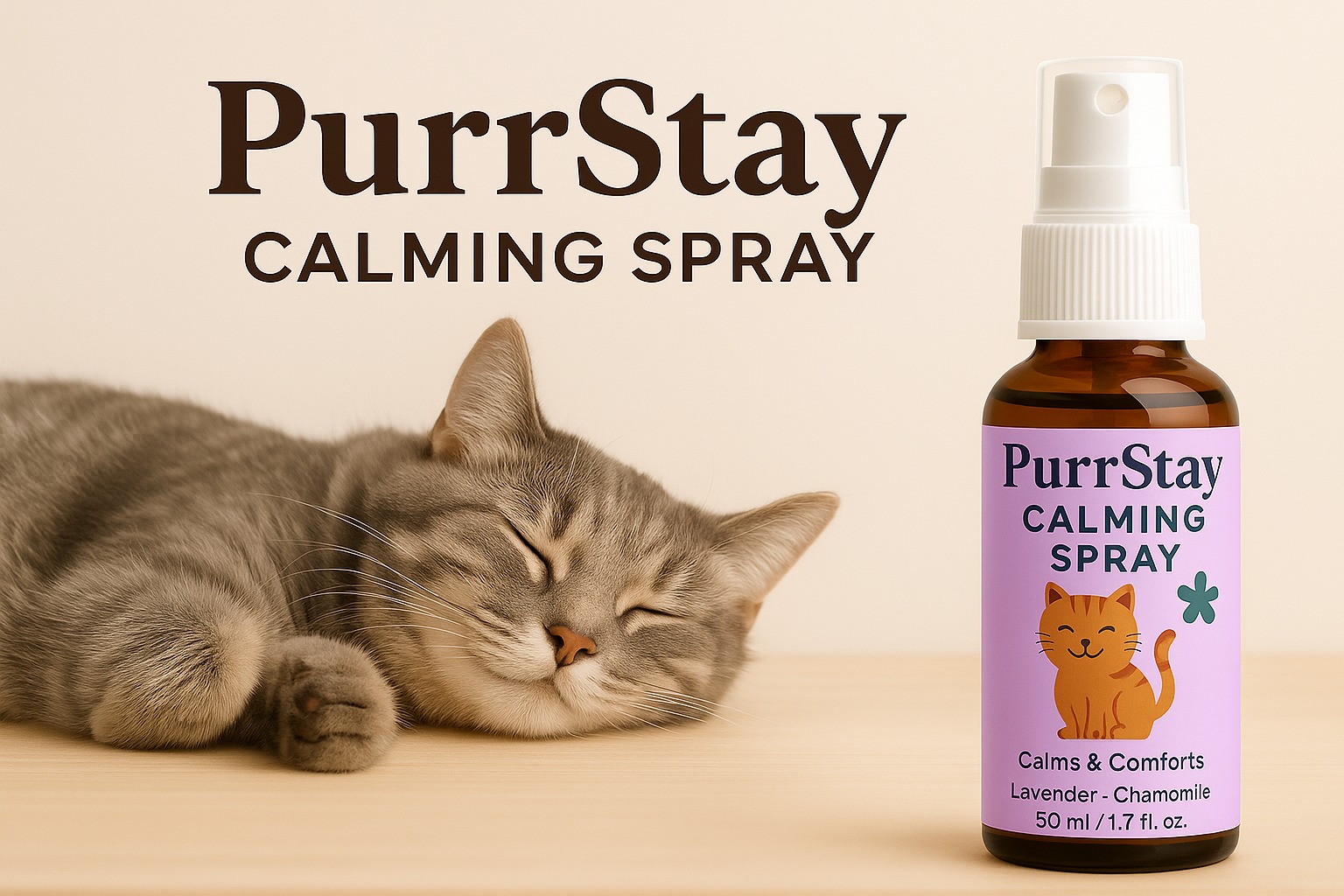 Image showcasing PurrStay Calming Spray - Natural Stress Relief for Cats