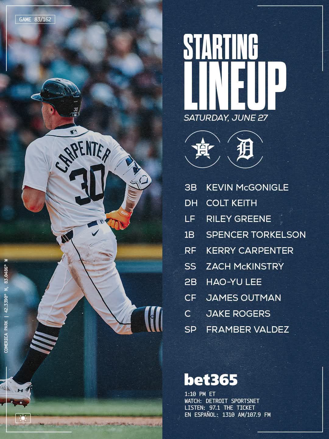 84/162 ⚾️ 1:40 PM ET 📺 Detroit SportsNet 📻 97.1 The Ticket