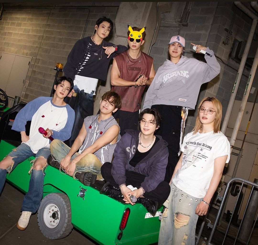 BTS backstage photo with RM, Jin, Suga, J-Hope, Jimin, V, Jungkook
