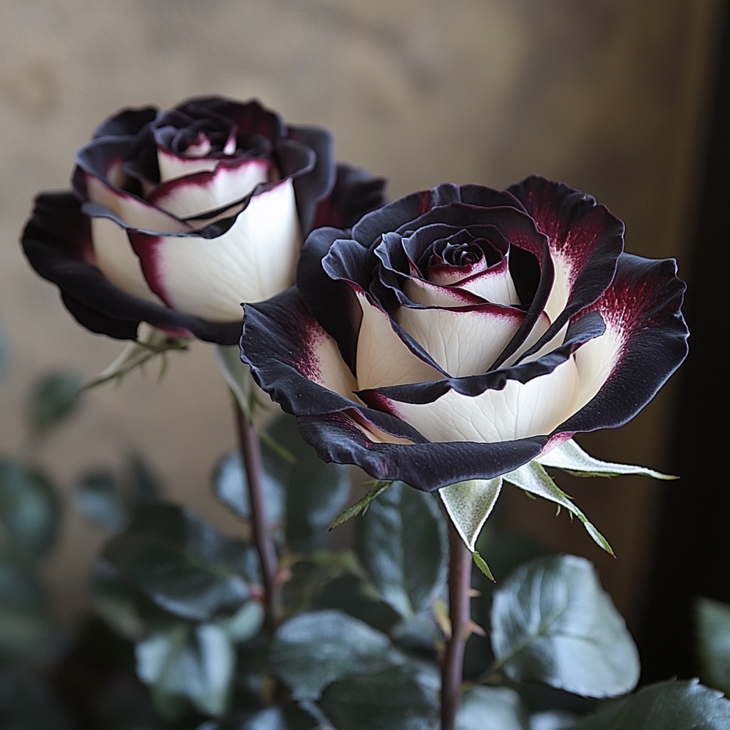 Black velvet and pearl white roses in perfect balance