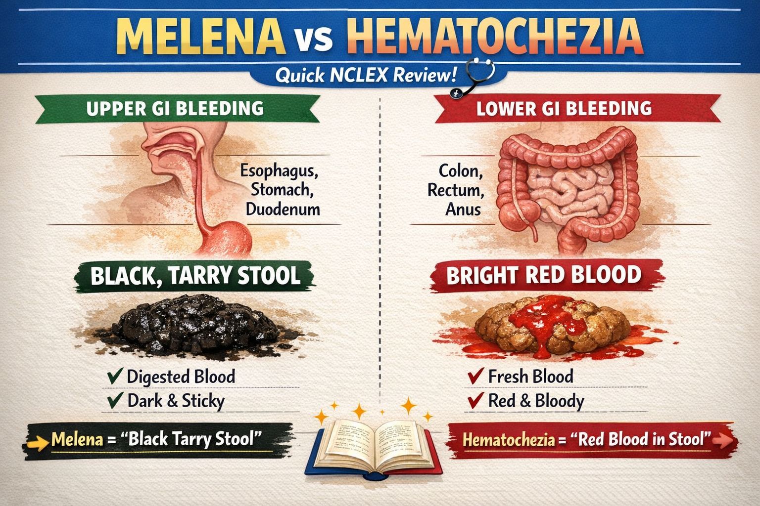 🩸 Black, tarry stools are NOT normal. They could be a sign of Melena –  upper gastrointestinal bleeding that requires urgent medical attention. 👉  Learn the difference between Melena vs Hematochezia, common
