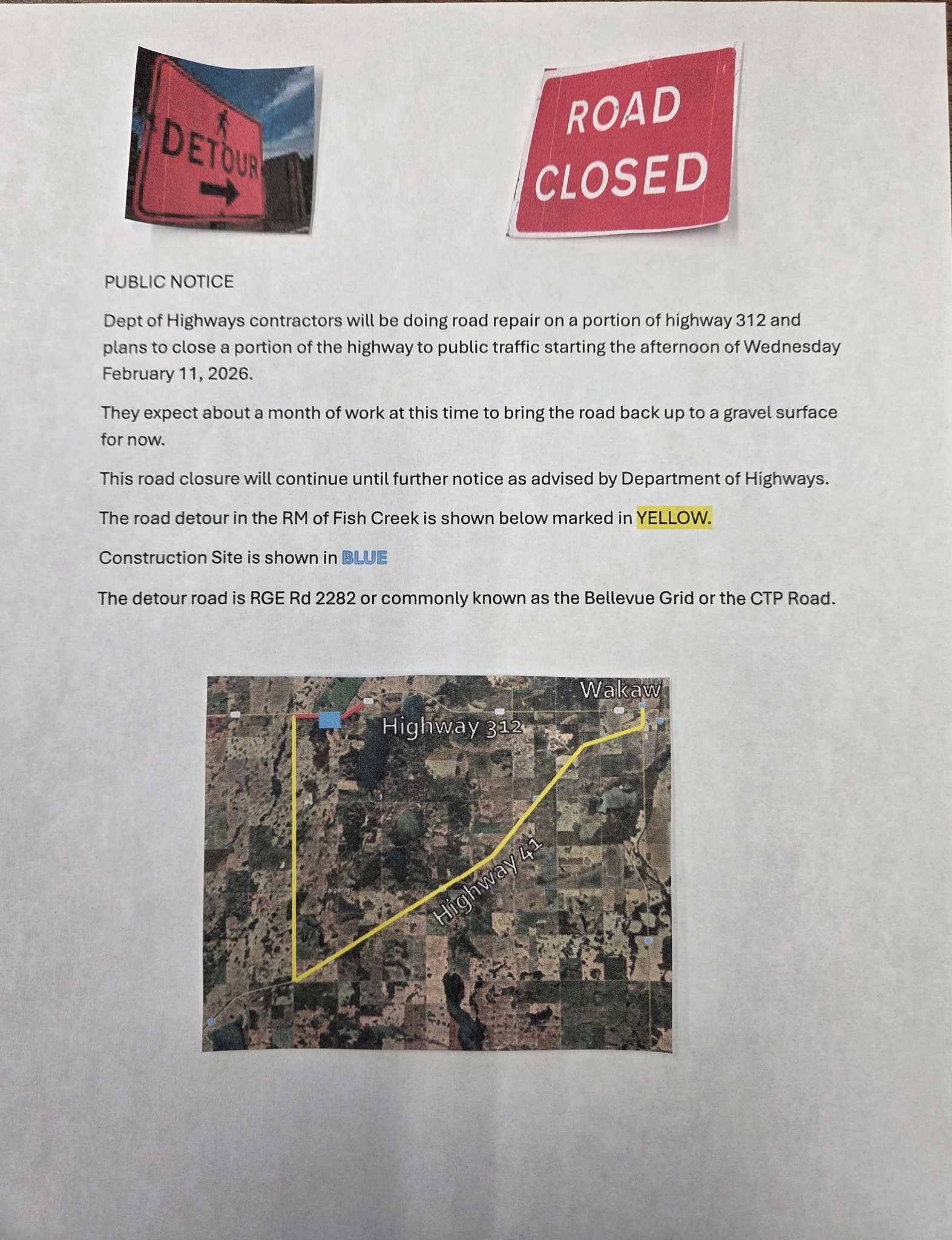 R.M. - Public Notice Road Closure for Highway 312 road repairs | Facebook