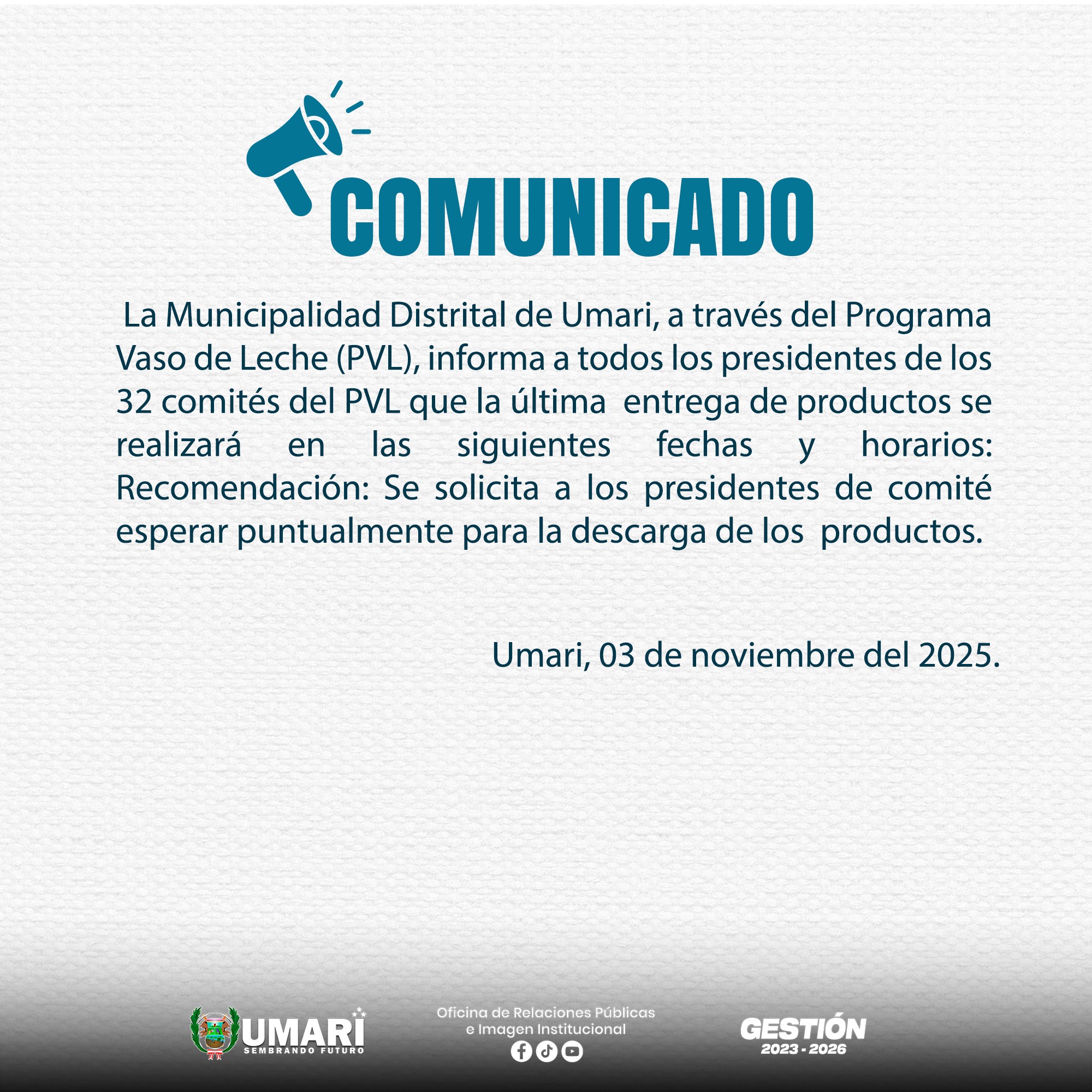 📣𝗖𝗢𝗠𝗨𝗡𝗜𝗖𝗔𝗗𝗢... - Municipalidad Distrital de Umari 2023 - 2026 | Facebook