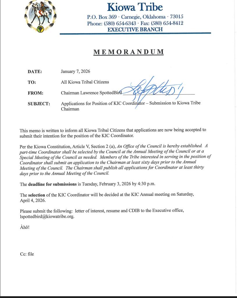 The Kiowa Tribe - МЕМОRANDUM: DATE: January 7, 2026 TO:... | Facebook