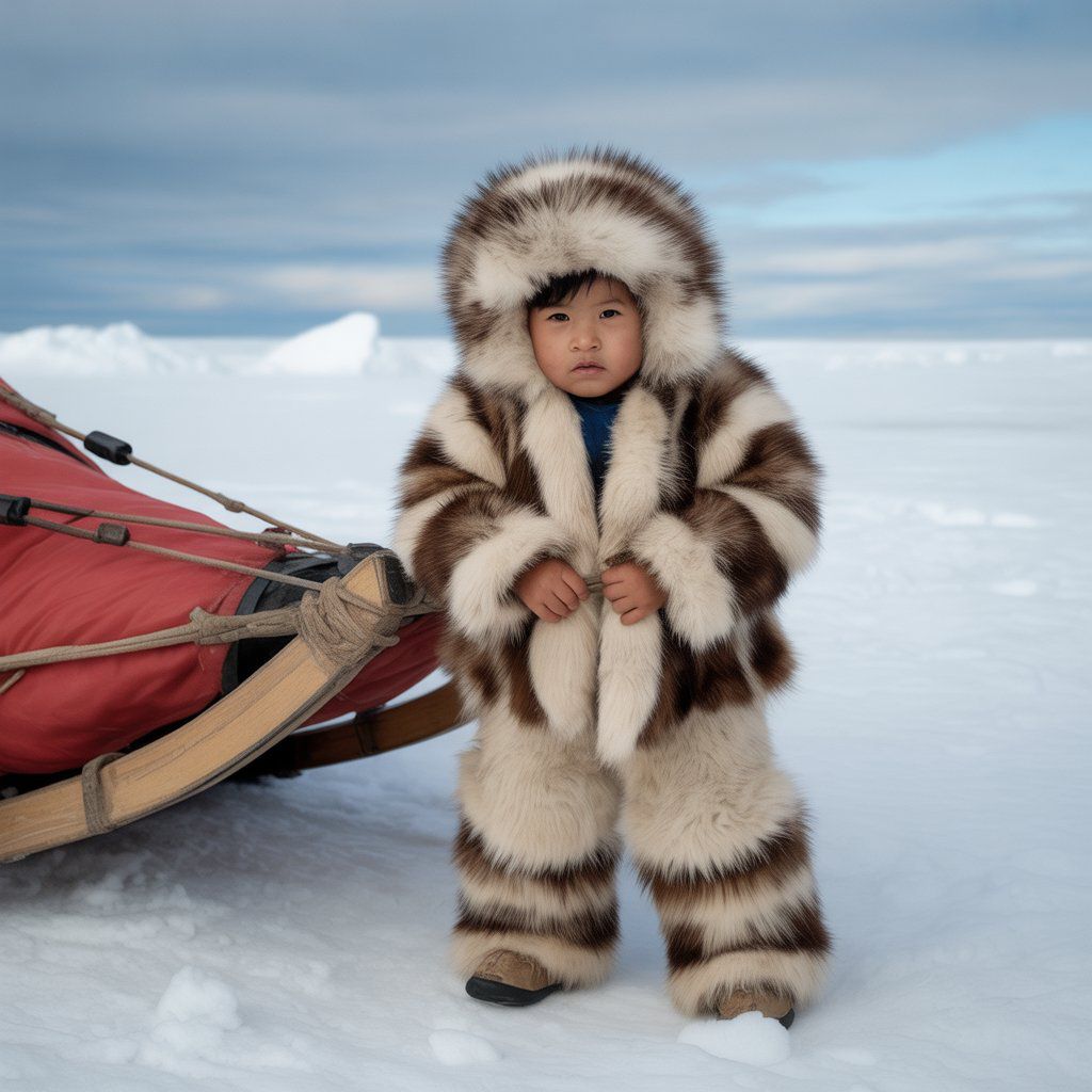 An Inuk toddler in full furs holding onto a sled, taken likely in